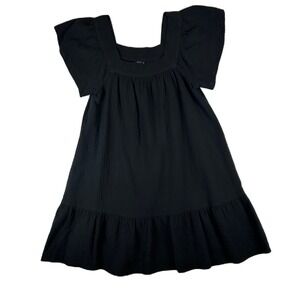 Rails Everdeen Black Cotton Gauze Mini Dress Square Neck Flutter Sleeve L